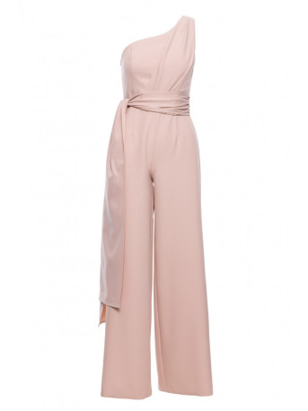 M845 One shoulder jumpsuit with a sash - light beige