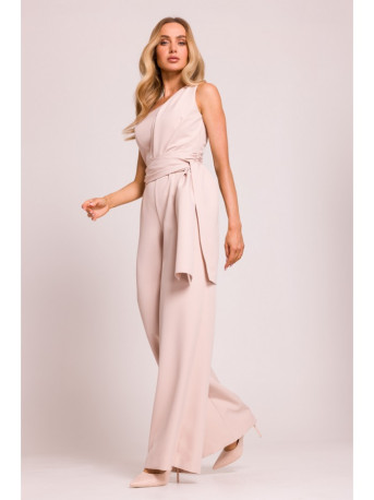 M845 One shoulder jumpsuit with a sash - light beige