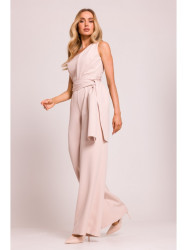 M845 One shoulder jumpsuit with a sash - light beige