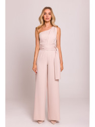 M845 One shoulder jumpsuit with a sash - light beige