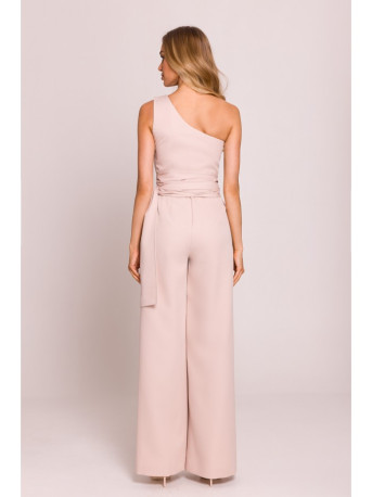 M845 One shoulder jumpsuit with a sash - light beige