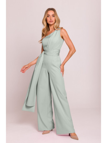 M845 One shoulder jumpsuit with a sash - mint