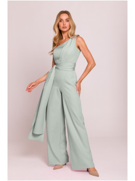 M845 One shoulder jumpsuit with a sash - mint