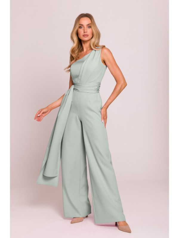 M845 One shoulder jumpsuit with a sash - mint