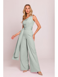 M845 One shoulder jumpsuit with a sash - mint