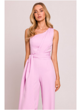 M845 One shoulder jumpsuit with a sash - candy pink
