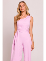 M845 One shoulder jumpsuit with a sash - candy pink