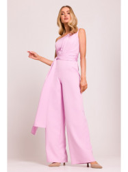 M845 One shoulder jumpsuit with a sash - candy pink