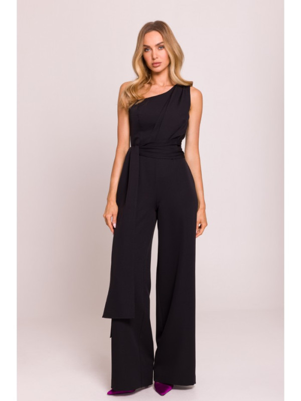 M845 One shoulder jumpsuit with a sash - black
