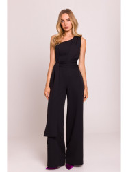 M845 One shoulder jumpsuit with a sash - black