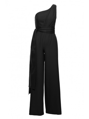 M845 One shoulder jumpsuit with a sash - black