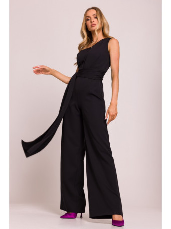 M845 One shoulder jumpsuit with a sash - black