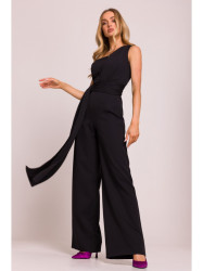 M845 One shoulder jumpsuit with a sash - black