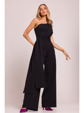 M845 One shoulder jumpsuit with a sash - black