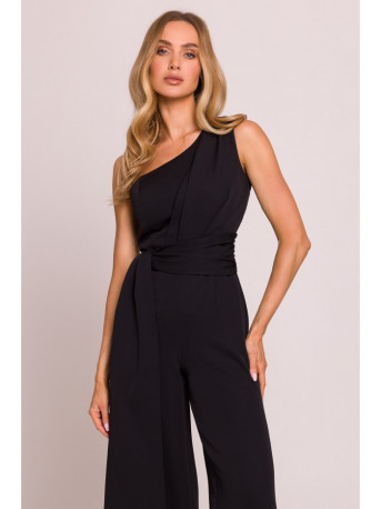M845 One shoulder jumpsuit with a sash - black