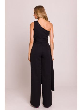 M845 One shoulder jumpsuit with a sash - black