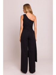 M845 One shoulder jumpsuit with a sash - black