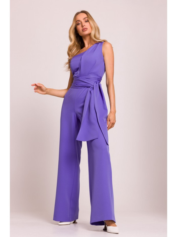 M845 One shoulder jumpsuit with a sash - light purple