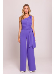 M845 One shoulder jumpsuit with a sash - light purple
