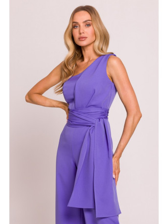 M845 One shoulder jumpsuit with a sash - light purple