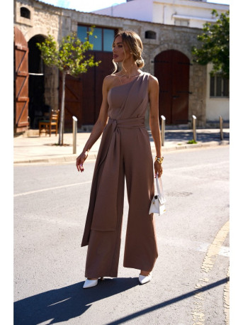 M845 One shoulder jumpsuit with a sash - mocca