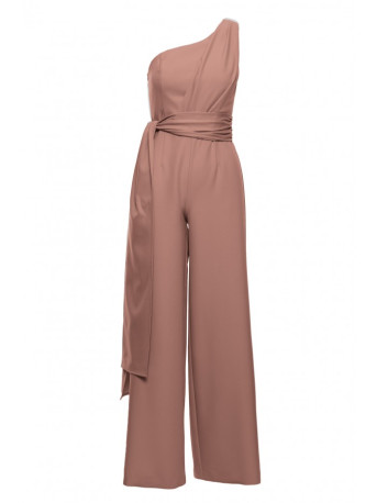 M845 One shoulder jumpsuit with a sash - mocca