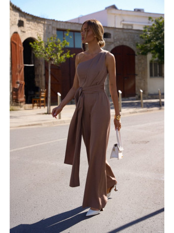 M845 One shoulder jumpsuit with a sash - mocca
