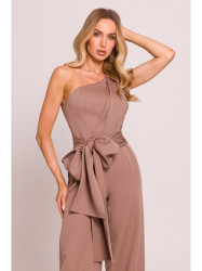M845 One shoulder jumpsuit with a sash - mocca