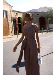 M845 One shoulder jumpsuit with a sash - mocca