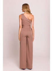 M845 One shoulder jumpsuit with a sash - mocca
