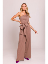 M845 One shoulder jumpsuit with a sash - mocca