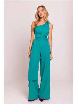 M845 One shoulder jumpsuit with a sash - turquoise