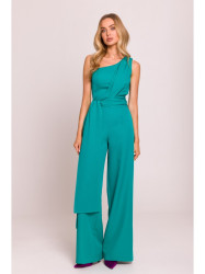 M845 One shoulder jumpsuit with a sash - turquoise