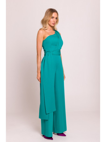 M845 One shoulder jumpsuit with a sash - turquoise