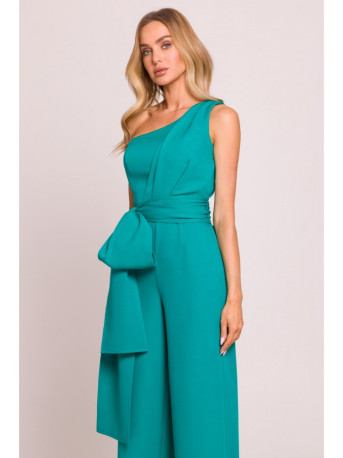 M845 One shoulder jumpsuit with a sash - turquoise
