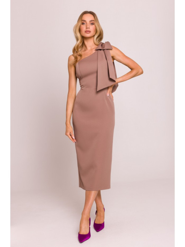 M847 One shoulder bow dress - mocca