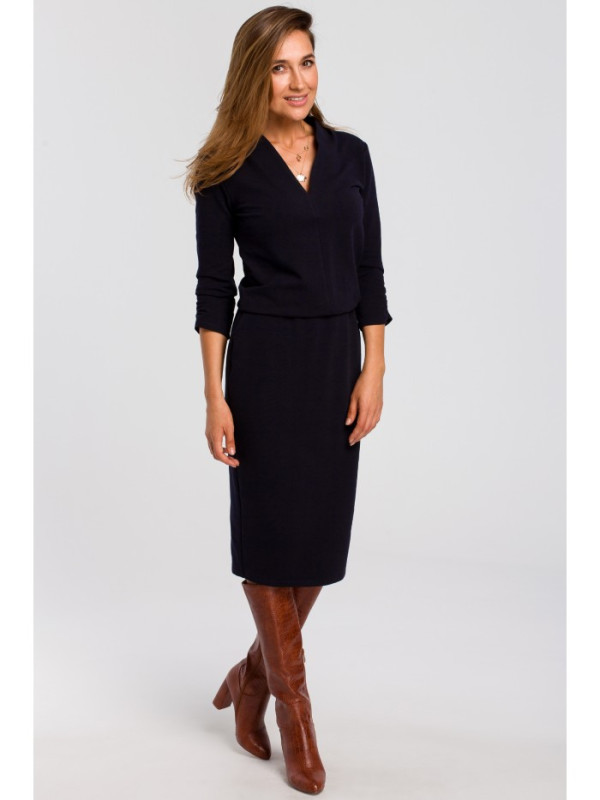 S194 Knit dress with V-neck - deepblue