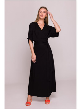 S406 Viscose maxi dress wrap design - black
