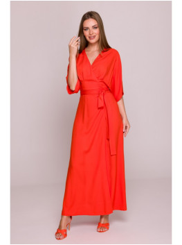 S406 Viscose maxi dress wrap design - coral