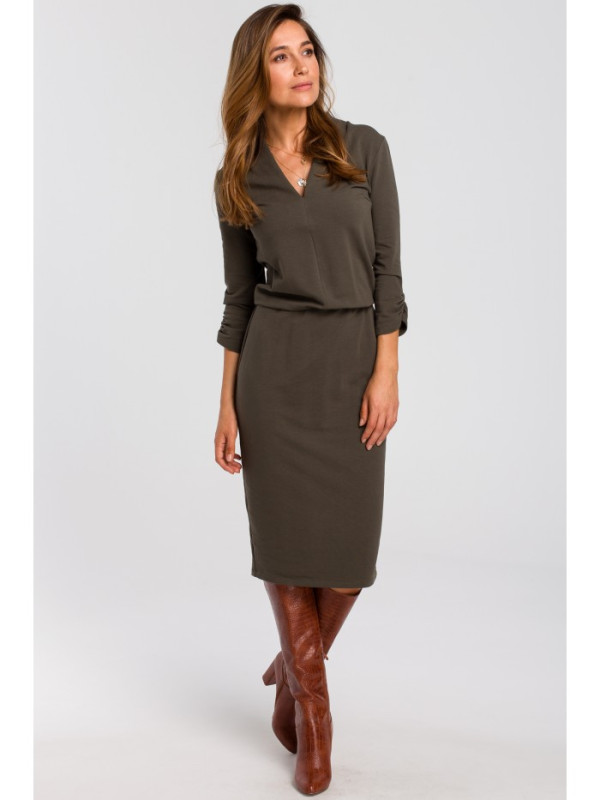 S194 Knit dress with V-neck - olive