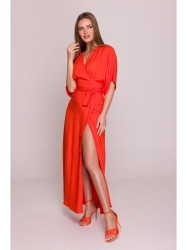 S406 Viscose maxi dress wrap design - coral