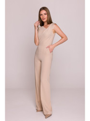 S407 Elegant jumpsuit with asymmetrical neckline - beige
