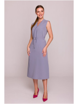S410 A-line dress with tie detail V-shaped neckline - dove grey
