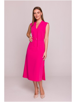 S410 A-line dress with tie detail V-shaped neckline - pink