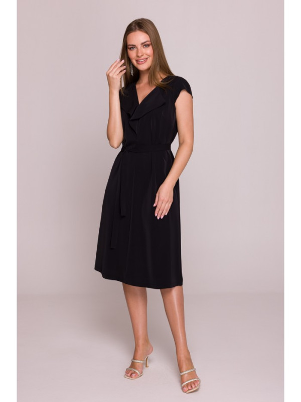 S411 Sleeveless dress with ruffled neckline - black