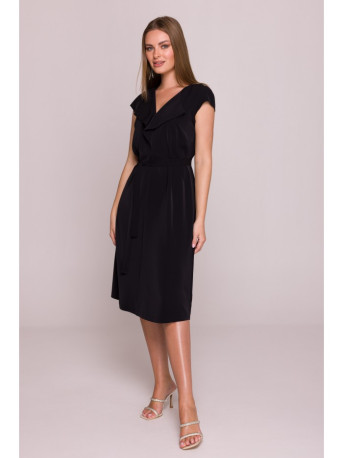 S411 Sleeveless dress with ruffled neckline - black