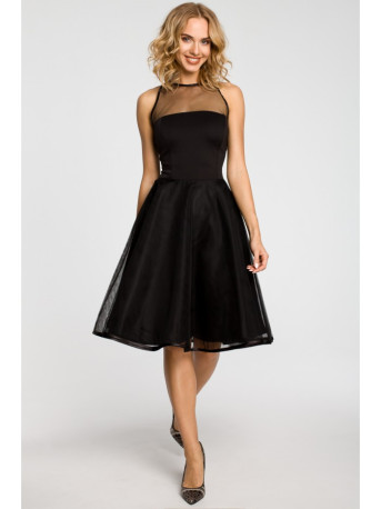 M148 An evening, knee-lenth dress with a mesh yoke - black
