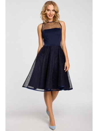 M148 An evening, knee-lenth dress with a mesh yoke - navy blue