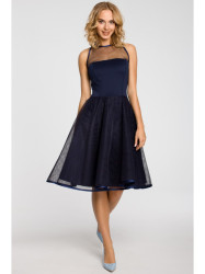 M148 An evening, knee-lenth dress with a mesh yoke - navy blue