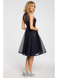 M148 An evening, knee-lenth dress with a mesh yoke - navy blue